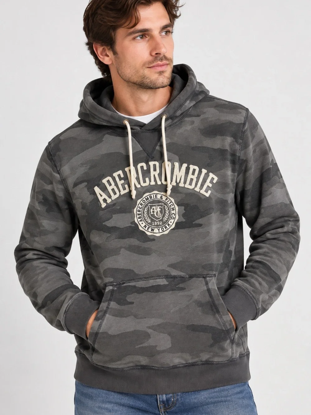Abercrombie & Fitch Men’s L Camo Hoodie Gray Black Pullover Sweatshirt